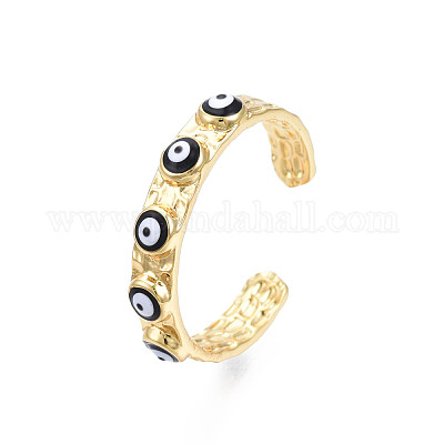 Настоящее 18-каратное позолоченное латунное открытое кольцо-манжета с эмалью от сглаза для женщин RJEW-Q166-02A-1