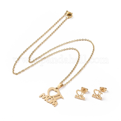 Комплект из серег-гвоздиков и ожерелья с подвеской в виде сердца из нержавеющей стали 304 с надписью «Я люблю маму» AJEW-B019-08-1