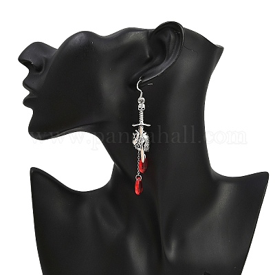 Серьги-подвески из сплава в виде меча и сердца в готическом стиле EJEW-JE06626-1