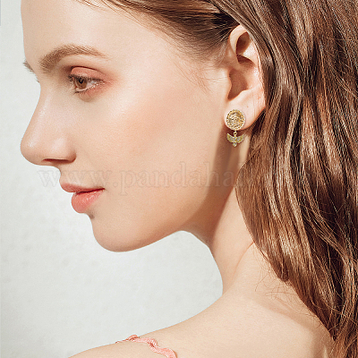 8 шт. 4 стильных плоских круглых серег-гвоздиков с цветочным узором из латуни с микропаве из прозрачных кубических цирконий KK-DC0002-90-1