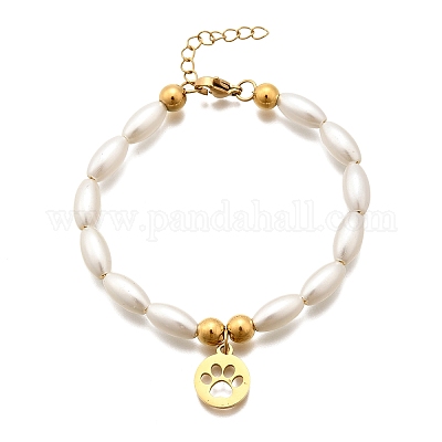 304 нержавеющая сталь плоские круглые браслеты с подвесками с отпечатками лап для женщин BJEW-C098-11G-1