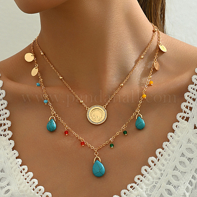 レディース ターコイズカラー ビーズネックレス ゴールドカラー