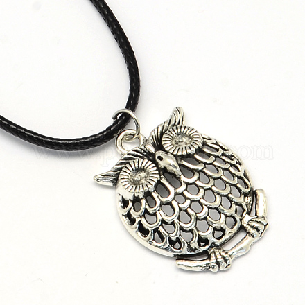 Owl Zinc Alloy Pendant Necklaces with Waxed Cord and Iron Findings NJEW-R228-39AS-1