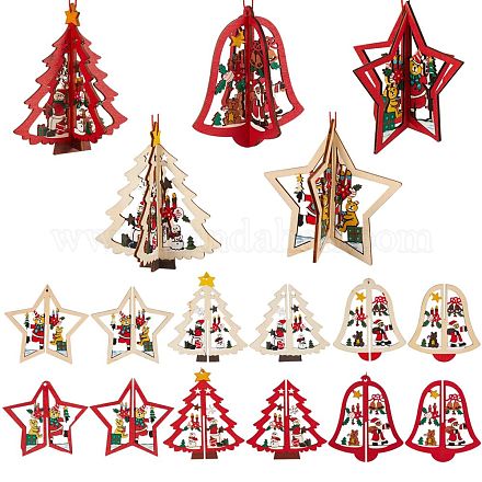 6セット6スタイルのクリスマスツリー＆スター＆ベル木製オーナメント  クリスマスツリー吊り飾り  クリスマスパーティーギフトの家の装飾のため  ミックスカラー  1セット/スタイル DIY-SZ0003-39-1