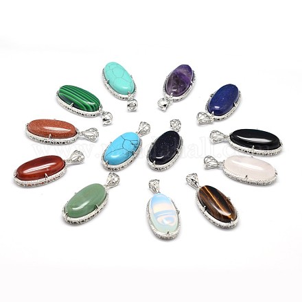 Oval Platinum Plated Brass Natural & Synthetic Mixed Stone Pendants G-F228-14-RS-1