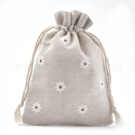 ポリコットン（ポリエステルコットン）パッキングポーチ巾着袋  印刷された花で  ホワイト  13.1~14.5x9.5~10cm ABAG-S004-04B-10x14-1