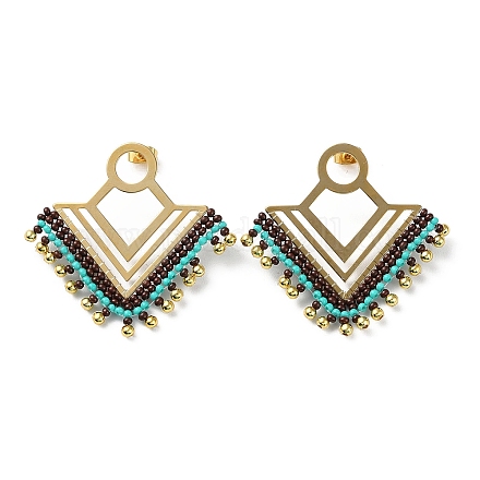 Woven Glass & Brass Beaded Triangle Dangle Stud Earrings with Vacuum Plating 304 Stainless Steel Pins EJEW-A105-03G-1