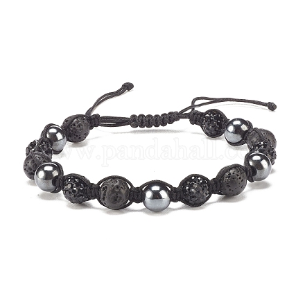 Bracelet de perles tressées en pierre de lave naturelle et hématite synthétique avec boule disco en strass BJEW-JB07896-02-1