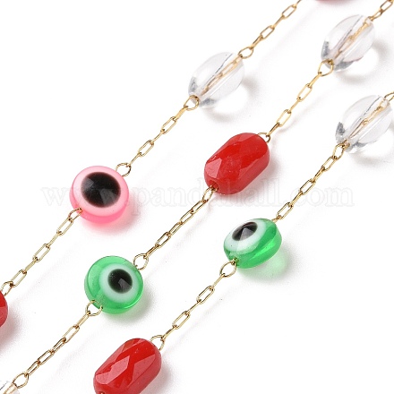 Flat Round with Evil Eye Glass Beaded Chains AJEW-J035-04G-03-1