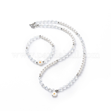 Bracelet extensible et collier pendentif fleur de marguerite en coquillage naturel SJEW-JS01252-1