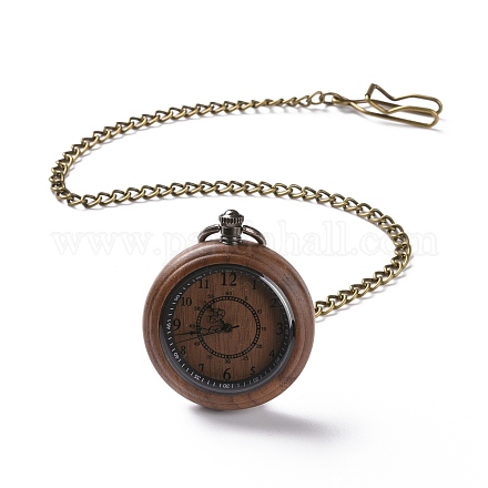 真鍮製のカーブチェーンとクリップが付いた黒檀の懐中時計  男性用フラットラウンド電子時計  ココナッツブラウン  16-3/8~17-1/8インチ（41.7~43.5cm） WACH-D017-A12-04AB-1