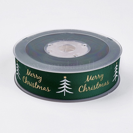 ポリエステルプリントグログランリボン  クリスマスツリーと単語のメリークリスマス  濃い緑  1インチ（25mm）  約100ヤード/ロール（91.44メートル/ロール） ORIB-E002-A01-1