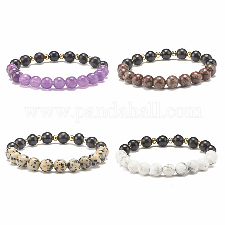 Bracelet extensible en perles rondes en bois naturel et pierre BJEW-JB07817-1
