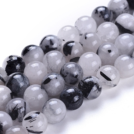 Natural Tourmalinated Quartz/Black Rutilated Quartz Beads Strands G-E558-04-10mm-1