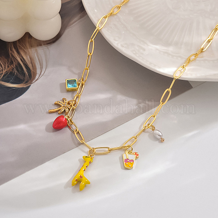 Милые латунные кубические цирконии и натуральный жемчуг жираф кокосовая пальма клубника кулон ожерелья для женщин OM5968-2-1