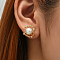 Unique Brass Flat Round Stud Earrings, with Imitation Pearl & Clear Cubic Zirconia, Golden, 17x17mm