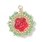 Glass Seed Beaded Flower Pendants, with Glass & 304 Stainless Steel Jump Ring, Real 18K Gold Plated, FireBrick, 25.5x23.5x8mm, Hole: 2.5mm