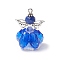Faceted Glass Pendants, Angel Charm, with Antique Silver Alloy Wing and Platinum Iron Loop & Glass Seed Beads & Glass Pearl Beads, Blue, 31x22x21mm, Hole: 1.6mm