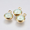 K9 Glass Pendants, with 304 Stainless Steel Findings, Ion Plating (IP), Faceted, Flat Round, Golden, Light Green, 13.5x10x6mm, Hole: 2.5mm