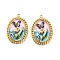 304 Stainless Steel Enamel Pendants, with Resin and ABS Imitation Pearl, Oval with Flower & Butterfly, Ion Plating(IP), Real 18K Gold Plated, Misty Rose, 30x21x4mm, Hole: 1.8mm