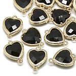 Glass Links connectors, with Golden Tone Brass Findings, Faceted, Heart, Black, 15x10x3mm, Hole: 1mm