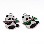 Alloy Enamel Pendants, Lead Free and Cadmium Free, Panda, Platinum Color, Black and White, Size: about 30mm long, 25mm wide, 2mm thick, hole: 3mm
