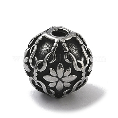 Perlas de acero inoxidable 304, redondo con estampado de flores, plata antigua, 9.5mm, agujero: 1.8 mm