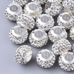 Fimo Perlen Strass europäischen, mit Messing-Einzelkernen, Großloch perlen, Rondell, Platin Farbe, Kristall, pp11 (1.7~1.8 mm), 11x8 mm, Bohrung: 5 mm