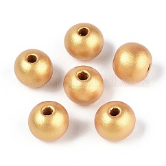 Cuentas redondas de madera de schima natural pintadas con aerosol, oro, 13~14x12.9mm, agujero: 2.8~3.5 mm