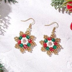 Серьги-подвески в форме снежинки из латунных стеклянных бусин EJEW-TA00754