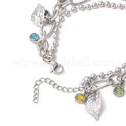 Браслеты из двухслойной цепи Figaro и шариков из нержавеющей стали Leaf 304&nbsp;BJEW-JB13177-02