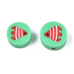手作り樹脂粘土ビーズ  魚の模様を持つフラットラウンド  春の緑  9.5~10x4.5mm  穴：1.8mm&nbsp;CLAY-N007-005-03