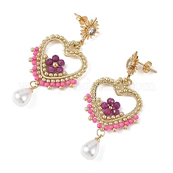 Boucles d'oreilles pendantes en rubis naturel et perles de verre pour femmes&nbsp;EJEW-MZ00782-01