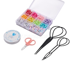 400個バレル＆キューブプラスチック/アクリルビーズ  プラスチック製ヘアピンパン2セット  1pcステンレス鋼はさみと1ロール弾性水晶糸  DIYヘアアクセサリー作成キット用  ミックスカラー  ビーズ：400個/セット&nbsp;DIY-FS0001-52