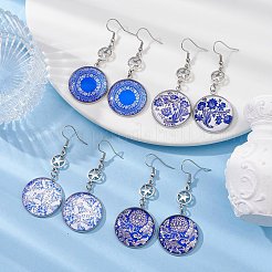 ブルーガラス フラット ラウンド & アロイ スター ダングル イヤリング  304ステンレススチールイヤリングピン付き  混合図形  64.5x26mm&nbsp;EJEW-JE05402