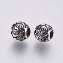 316サージカルステンレススチールヨーロピアンビーズ  大穴ビーズ  ロンデル  乙女座  アンティークシルバー  10x9mm  穴：4mm&nbsp;STAS-P212-18P-01