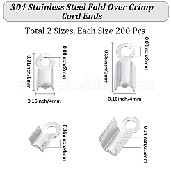 400個 2スタイル 304ステンレススチール 折り返し式圧着コードエンド  ステンレス鋼色  8~9x4x3.5~4mm  穴：2mm  3x5mm内径  200個/スタイル&nbsp;STAS-BBC0010-28