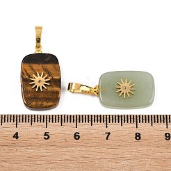 天然石ミックスストーンペンダント  真鍮製の金具と304ステンレススチール製のカボションを使用  ゴールドカラー  太陽模様の長方形チャーム  23~23.5x13~13.5x3.5~4.5mm  穴：7.5x4mm&nbsp;G-G461-04G