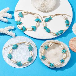 天然シェルと合成ターコイズ編み込みビーズ ブレスレット  混合図形  内径：1-7/8~3インチ（4.7~7.5cm）  ビーズ：18~28x11.5~19mm&nbsp;AJEW-AN00562