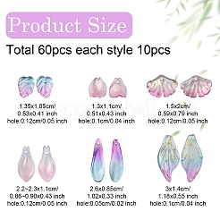 60 個 6 スタイルのガラスペンダント  混合図形  ミックスカラー  13~23x8.5~14x3.5~4.5mm  穴：1~1.2mm  10個/スタイル&nbsp;FIND-YW0006-15
