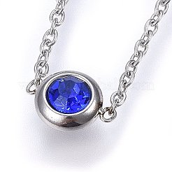 304ステンレススチールジュエリーセット  ペンダントネックレス＆スタッドピアス＆ブレスレット  ラインストーン付き  フラットラウンド  ブルー  ステンレス鋼色  16.54インチ（42cm）  6-3/4インチ（17cm）  6.5x3.5mm  ピン：0.8mm&nbsp;SJEW-H144-24B-P