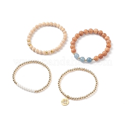 4 Uds. 4 pulseras elásticas de madera natural y cuarzo (teñidas) y perlas de concha&nbsp;BJEW-JB08822
