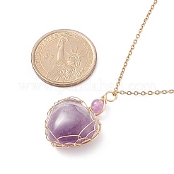 銅線で包まれた天然アメジスト ハート ペンダント ネックレス  女性用金メッキ 304 ステンレス ネックレス  17.52インチ（44.5cm）  1.5mm&nbsp;NJEW-JN03971-02