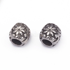 304ステンレススチールヨーロピアンビーズ  大穴ビーズ  花とバレル  アンティークシルバー  9.5x10.5mm  穴：5.5mm&nbsp;STAS-G220-46AS