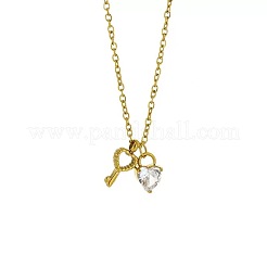 Halsketten aus Edelstahl 304 mit Herz- und Schlüsselanhänger aus klaren Zirkonia im Pavé-Stil für Damen&nbsp;WG37553-01