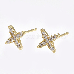 真鍮製スタッドピアス  キュービックジルコニア付き  スター  18KGP本金メッキ  6.5x6.5mm  ピン：0.8mm&nbsp;X-KK-S348-215