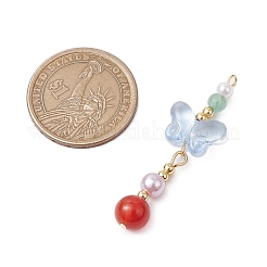 天然カーネリアンとガラスのペンダント  蝶  金色の真鍮トーンループ付き  ライトブルー  47x14.5x8mm  穴：1.6mm&nbsp;PALLOY-JF03192-07