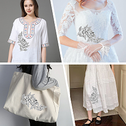 ポリエステル刺繍糸アイロン接着/縫い付けパッチ2個  プラスチック付き  布のアップリケ  花  銀  326x195x4mm&nbsp;PATC-CY0001-36B