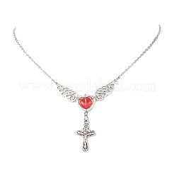 Женские колье-цепочки с подвеской в виде красного крылатого сердца и креста из латуни.&nbsp;NJEW-JN05909