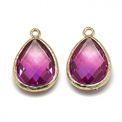 ガラスチャーム  ゴールデントーン真鍮パーツ  多面カット  ティアドロップ  赤ミディアム紫  23x15x7mm  穴：1.5~2mm&nbsp;X-GLAA-Q068-12A-05